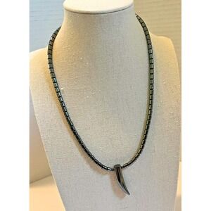 Hematite Tusk Horn Pendant Necklace Magnetic Beads Gunmetal Gray Unisex Tribal‎